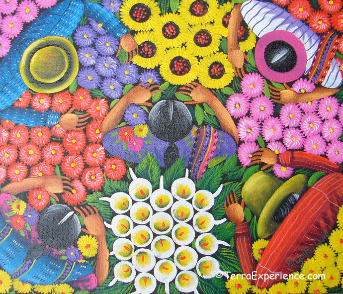 Angelina Quic Oil Painting - Mayan Flower Market Overhead  (P-M-AQ9-19N)