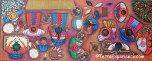 Angelina Quic Large Oil Painting - Mayan Women Weaving and Preparing Looms Overhead  (P-L-AQ-19H) 20"x50" (LARGE)