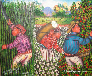 Clara Luz Pur Gonzalez Oil Painting - Three Mayan Harvests: Coffee, Cotton, and Cane  (P-M-CLPG-001)  6"x7"