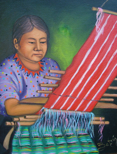 Batzin Oil Painting - Mayan Woman Weaving  (P-M-B-023)  9