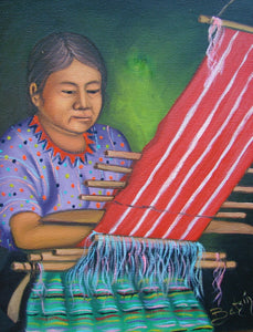 Batzin Oil Painting - Mayan Woman Weaving  (P-M-B-023)  9"x11"