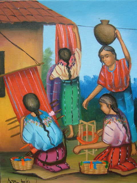 Batzin Oil Painting - Mayan Women Weaving  (P-M-B-024)  9