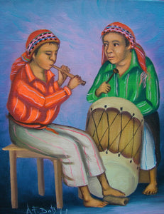 Batzin Oil Painting - Mayan Music: Flute and Drum  (P-M-EB-026)  9"x11"