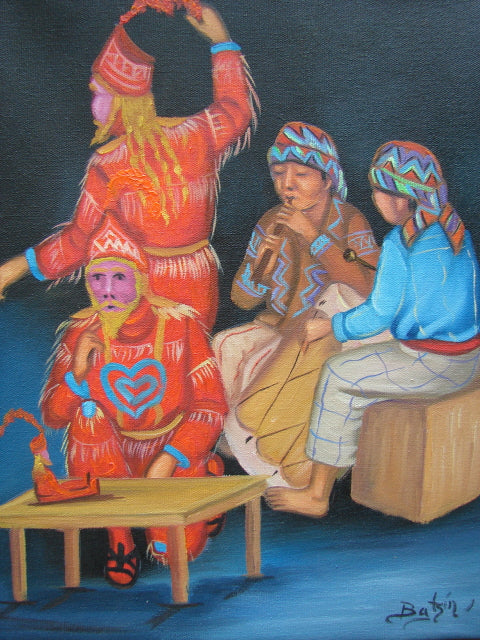 Batzin Oil Painting - Mayan Ceremony and Musicians  (P-M-EB-027)  9