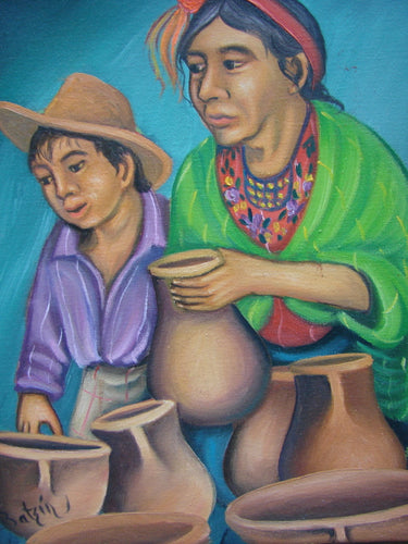 Batzin Oil Painting - Mayan Pottery Market  (P-M-EB-028)  9