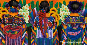 Antonio Coche Mendoza Large Oil Painting - Three Mayan Woman  - Espalda View  (P-L-ACM-20a) 15"x 30"
