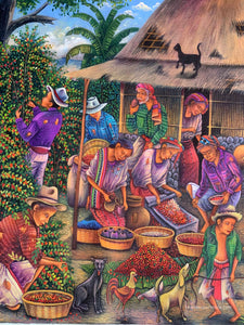 Antonio Coche Mendoza Large Oil Painting - Mayan Coffee Harvest and Processing (P_LM_ACM_20E) 24" x 32"