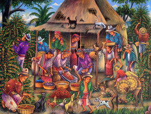 Antonio Coche Mendoza Large Oil Painting - Mayan Coffee Harvest and Processing (P_LM_ACM_20E) 24" x 32"