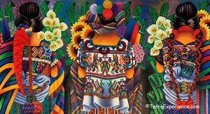 Antonio Coche Mendoza Large Oil Painting - Three Mayan Woman  - Espalda View  (P-L-ACM_20B) 15"x 30"