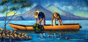 Aliix Mendoza Large Oil Painting - Fishing Lake Atitlan (P-L-AM-20D) 16" x 19.5"