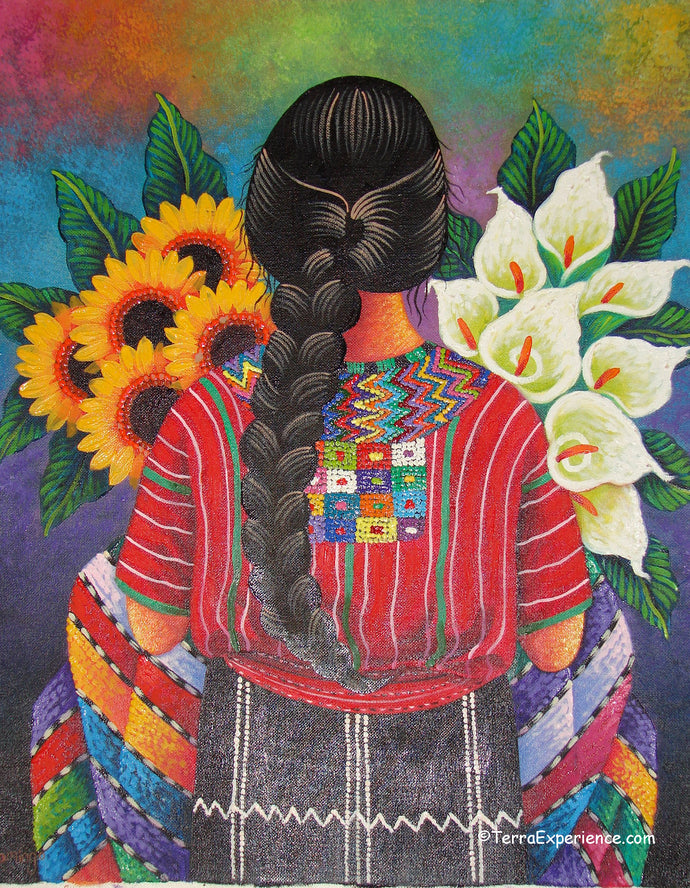 Domingo Coche Mendoza Large Oil Painting - Mayan Woman from San Juan Laguana - Espalda (Back) View  (P-L-DoCM-19B) 16