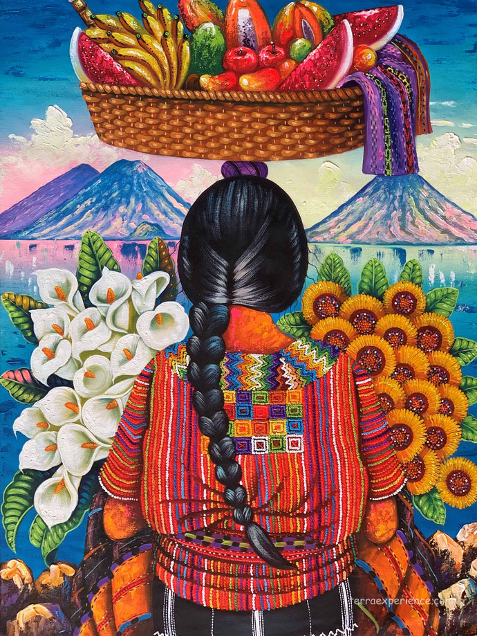 Domingo Coche Mendoza Large Oil Painting - Mayan Woman with Basket - Espalda (Back) View  (P-L-DoCM-20A) 24 x 32
