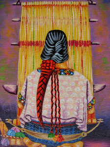 Unsigned Oil Painting - Mayan Weaver from Coban - Espalda View  (P-M-UNK-09)  5"x7"