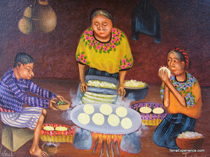 Rafael Gonzoles Oil Painting - Mayan Woman Making Tortillas  (P-M-RG-002)  9"x11"