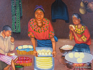 Rafael Gonzoles Oil Painting - Mayan Woman Making Tortillas  (P-M-RG-003)  9"x11"