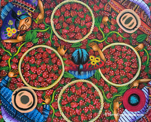 Angelina Quic Oil Painting - Mayan Strawberry Picking Overhead  (P-M-AQ9-20U) 9"x11"