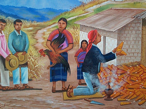 Feliciano Bal Large Painting - Appreciation of the Corn Harvest 16" x 22"  (P-L-FB-001)