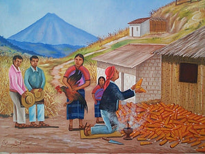Feliciano Bal Large Painting - Appreciation of the Corn Harvest 16" x 22"  (P-L-FB-001)