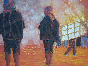 Omar Bal Large Oil Painting - ""Quema de Torito" - The Burning Bullfight dance  (P-L-OB-008)  16" x 22"