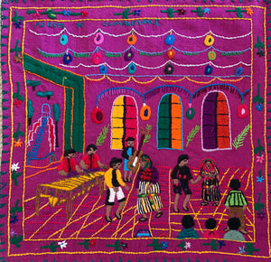 Mayan Embroidered Folk Art Tapestry __-R01:    "Fiesta de Cumpleanos" (The Birthday Party),  Amanda Isabel Morales